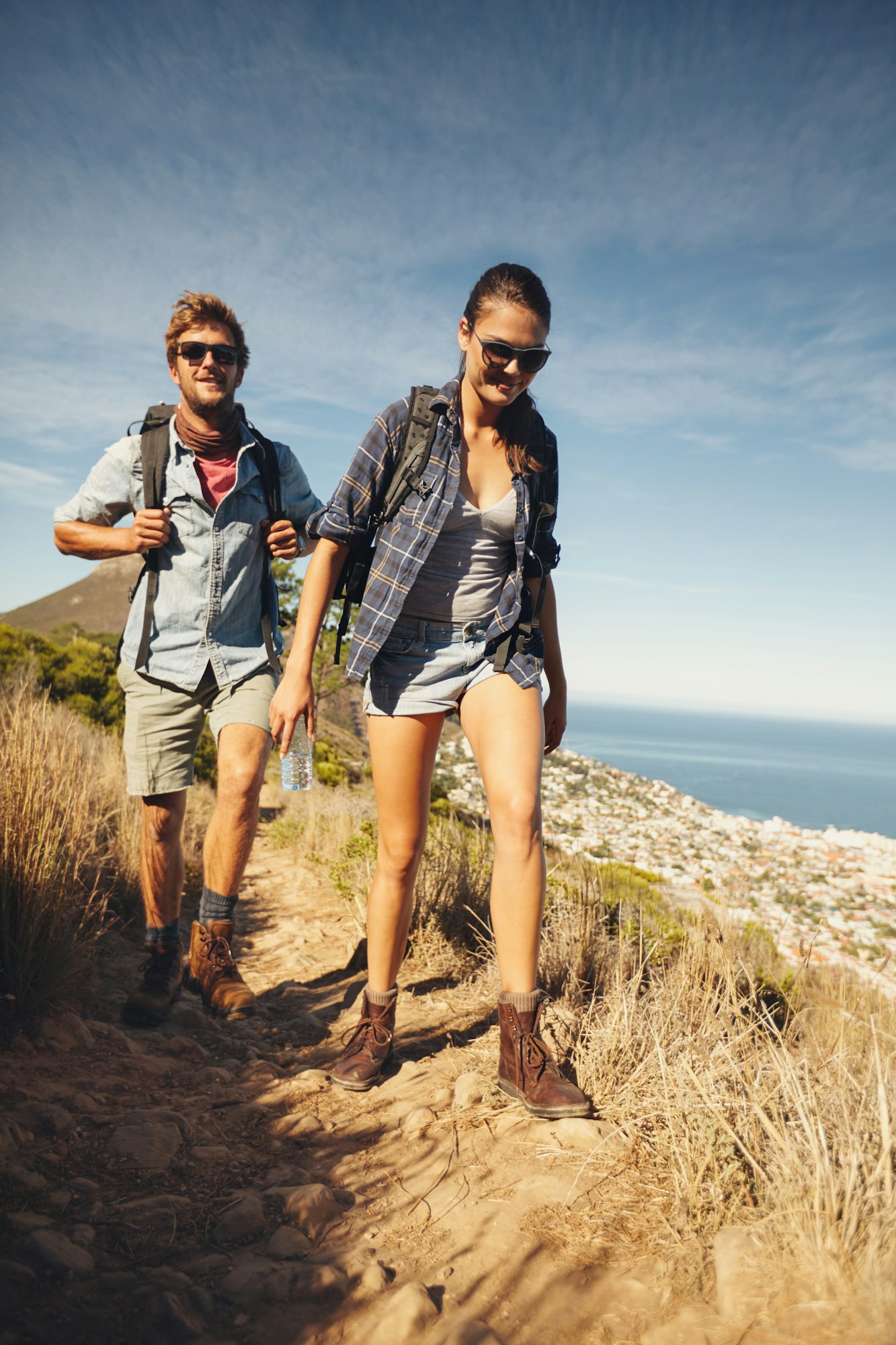 Avid hikers in countryside