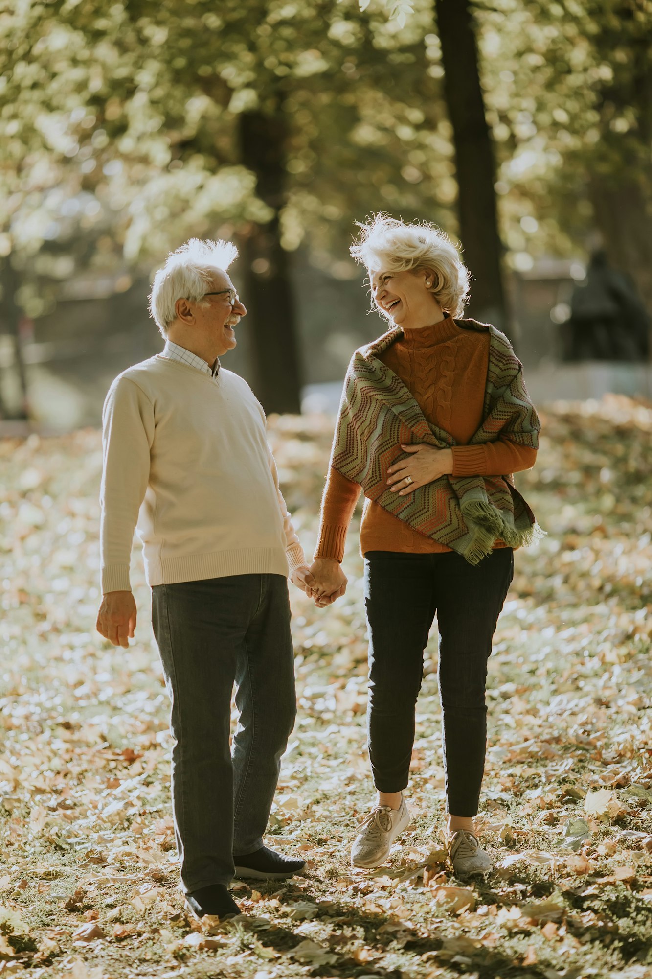 Senior couple walking in autumn park